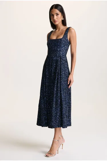 Lima | Navy Sequin Square-Neck A-Line Midi Dress