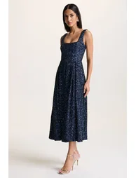 فستان ميدي بتصميم بشكل A بياقة مربعة مزين بالترتر - كحلي - 2