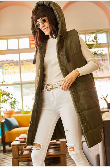 Women's Khaki Hooded Vest with Pockets