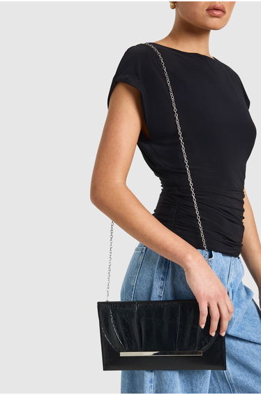 High Shine Crinkle Envelope Clutch Bag - black