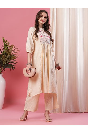 Embroidered Mandarin Collar A-Line Kurta with Palazzo Set