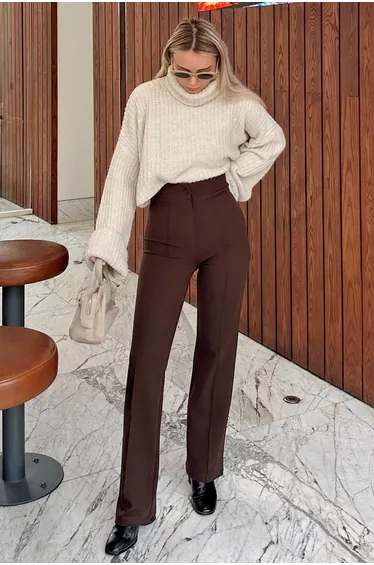 Brown High Waist Grassy Lycra Casual Knitted Women's Trousers