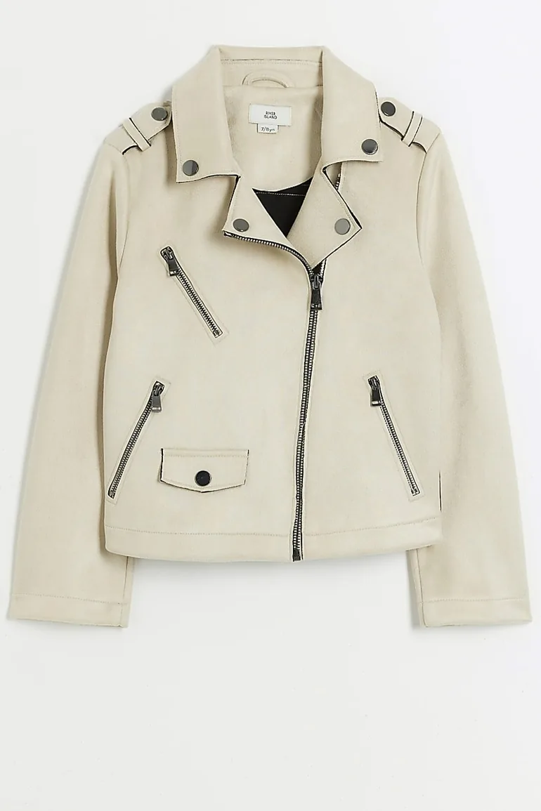 Girls Beige Zip Up Biker Jacket - 1