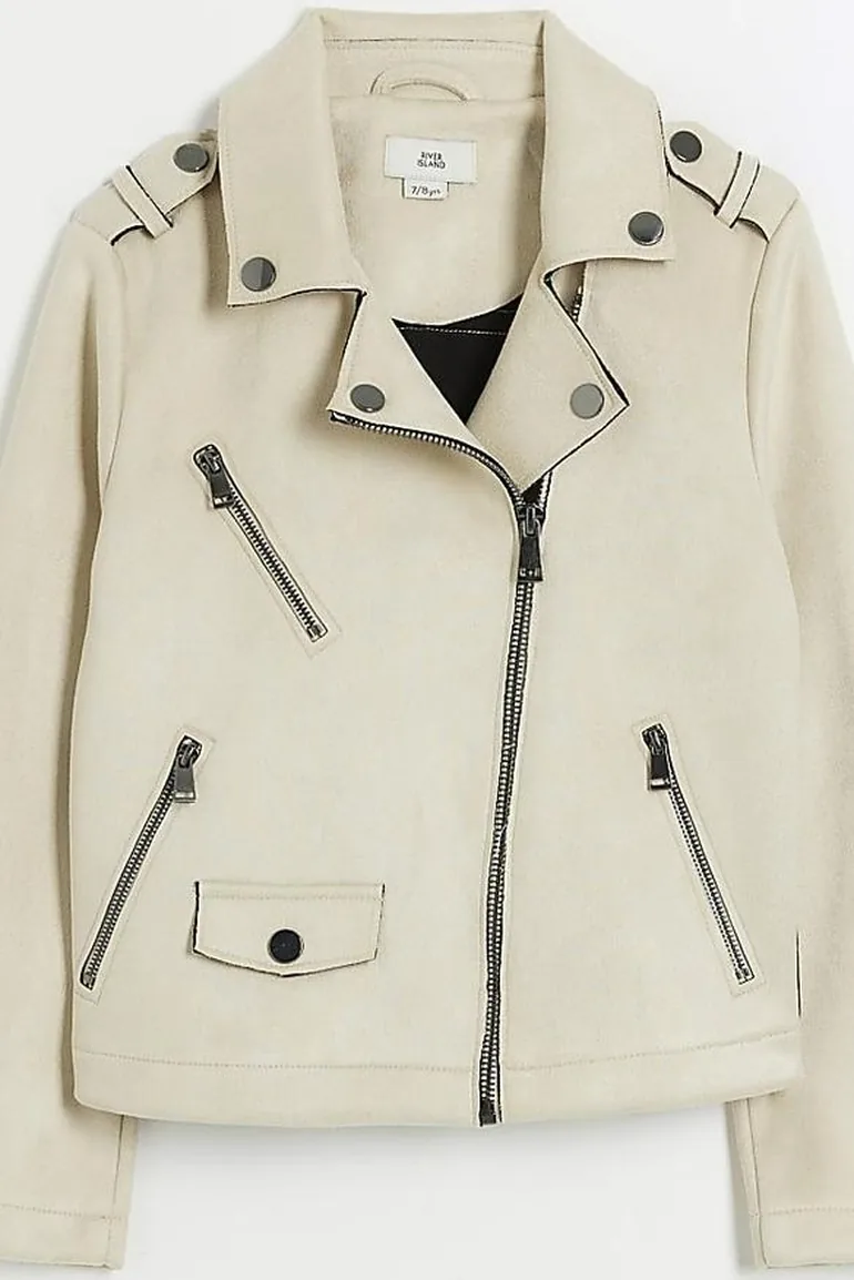 Girls Beige Zip Up Biker Jacket