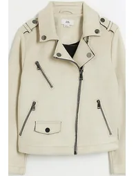 Girls Beige Zip Up Biker Jacket