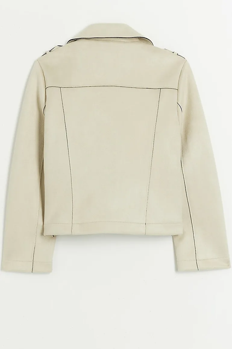 Girls Beige Zip Up Biker Jacket - 4