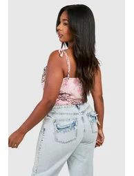 Plus Faded Leopard Mesh Tie Shoulder Corset Top - brown - 1