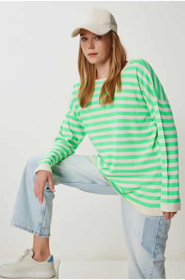 Women's Green Cream Striped Oversize Knitwear Sweater