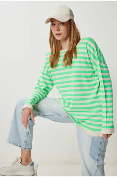 سترة هابينس إسطنبول أخضر بطبعة مخططة محبوك بأكمام طويلة