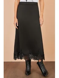 Yumi Black Satin Midi Skirt With Lace Trims - 1