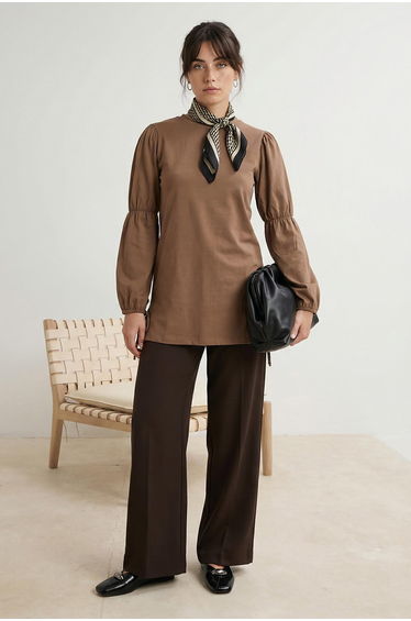 Beige Regular Single Jersey Plain Knitted with Elastic Detail on the Sleeve
