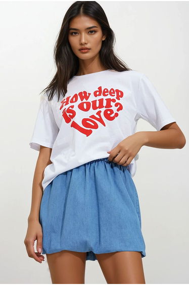 Women's White Crew Neck Front Text Printed Cotton T-Shirt