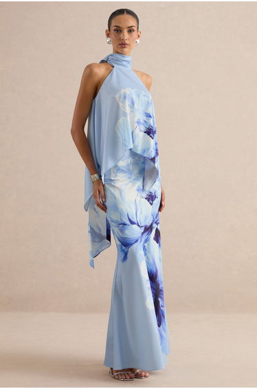 Vayla | Blue Floral Print Matte Satin Asymmetric Drop-Waist Maxi Skirt