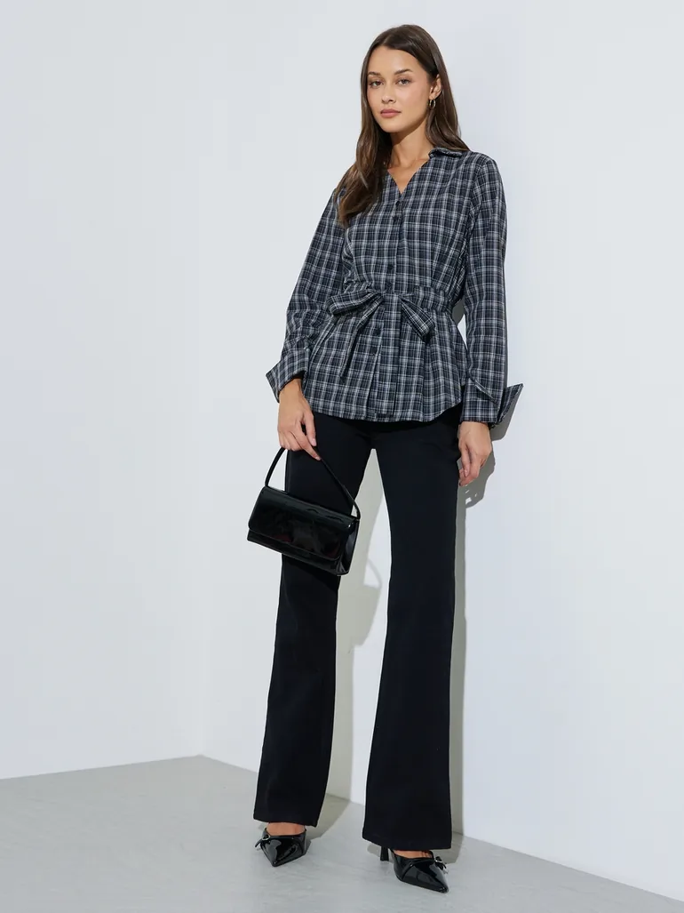 Black Checked Long Sleeve Tie-Waist Shirt