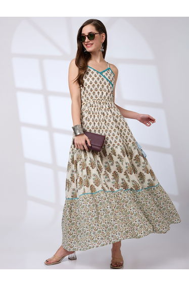 Floral Print Strappy A-Line Fusion Maxi Dress