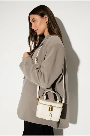 Faux Leather Quilted Vanity Bag With Crossbody Strap