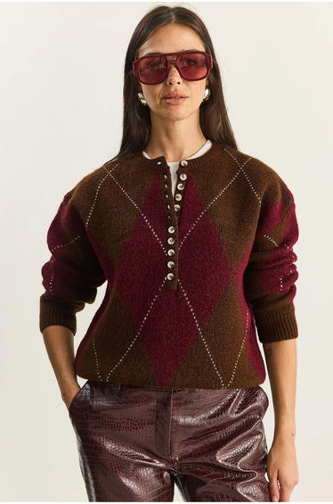 LUCCI Knit Crew Neck Sweater with Button Closure