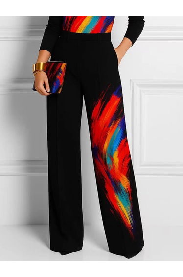 Wide Leg Contrast Color Pockets Printed Pants Trousers