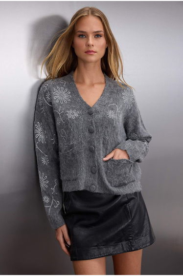 Dark Gray Soft Textured Wide Pattern Stone Embroidered Knitwear Cardigan