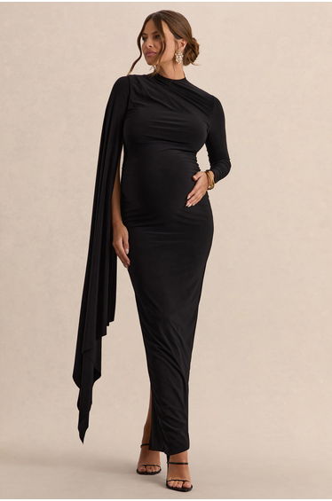 Lavinia | Black High-Neck Maternity Maxi Dress With Cape-Sleeve