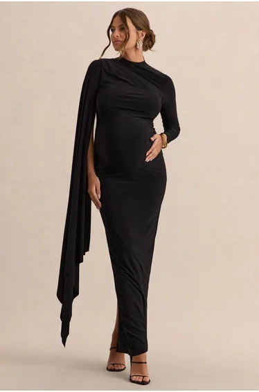 Lavinia | Black High-Neck Maternity Maxi Dress With Cape-Sleeve