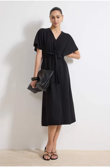 Black A-Line Midi Skater Dress with Short Sleeves