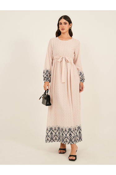 Printed Hem Round Neck A-Line Maxi Dress