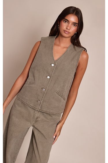 Dark Khaki Sleeveless Button Down Denim Waistcoat