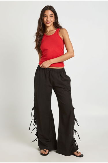Linen Look Tie Side Wide Leg Trousers - black