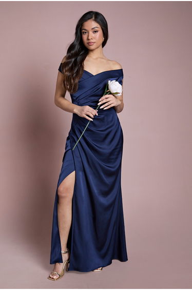 Petite Satin Bardot Bridesmaid Maxi Dress with Waist Ruching Detail