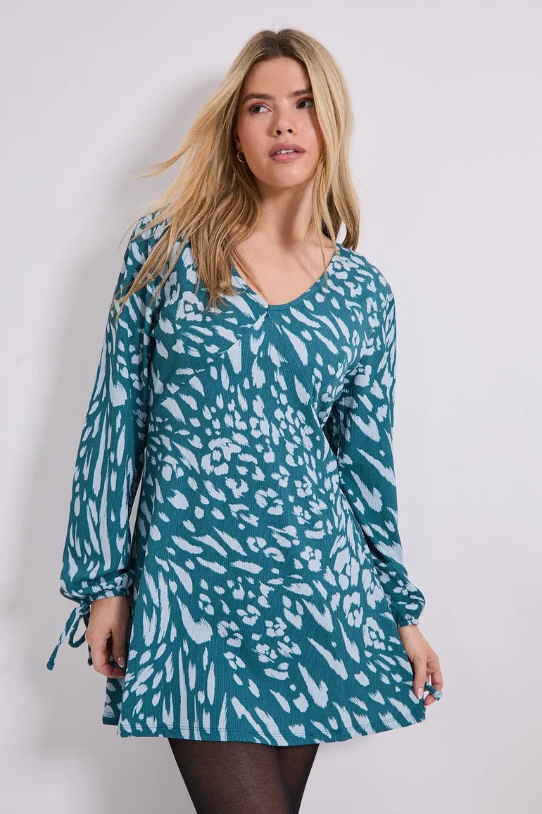 Blue Animal V Neck Empire Seam Blouson Sleeve Mini Dress - 3