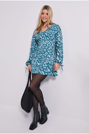 Blue Animal V Neck Empire Seam Blouson Sleeve Mini Dress