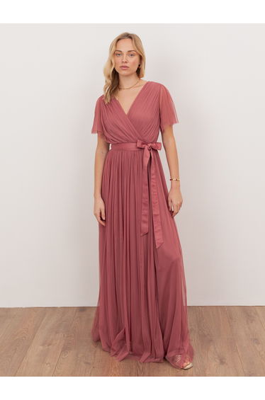 Anaya With Love Recycled Faded Rose Tulle Faux Wrap Short Sleeve Maxi Dress