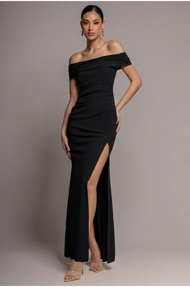 Off The Shoulder Maxi Dress With Split - Black by Goddiva