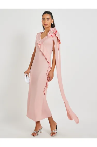 Solid V Neck Ruffle Trim Sheath Midi Dress with Corsage Detail