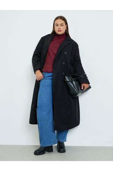 Plus Size Black Longline Double Breasted Coat