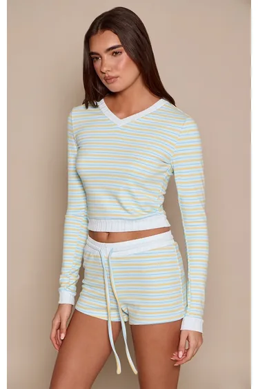 Blue Striped Soft Fleece V Neck Long Sleeve Top