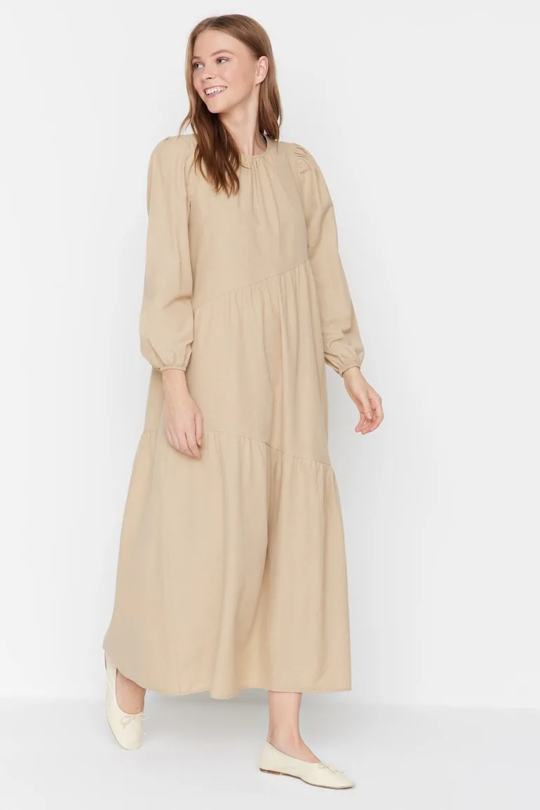 smock dress beige Beige Warehouse Organza High Neck Tier Midi Smock Dress
