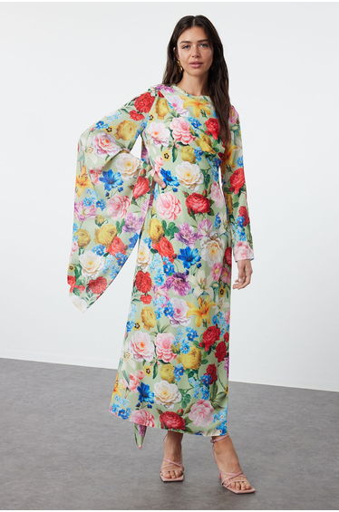 Green Shawl Collar Floral Patterned Woven Evening Dress