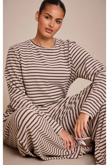 Plus Brown Striped Soft Fleece Long Sleeve Top