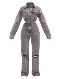 Petite Washed Grey Denim Cut Out Jumpsuit - 4