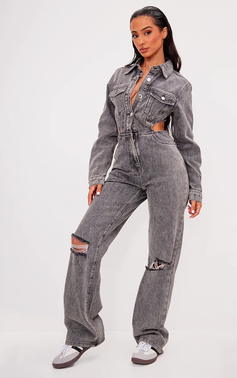 Petite Washed Grey Denim Cut Out Jumpsuit - 2