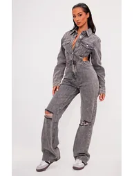 Petite Washed Grey Denim Cut Out Jumpsuit - 2