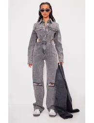 Petite Washed Grey Denim Cut Out Jumpsuit
