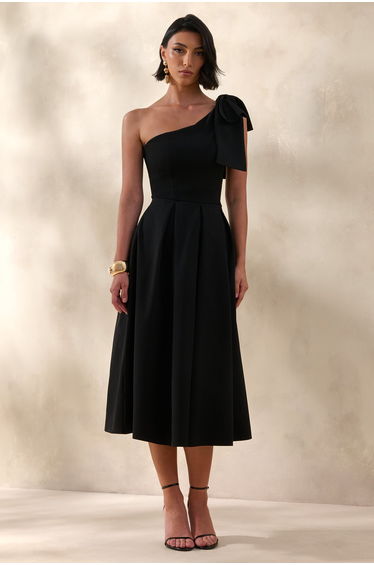 Meria | Black Asymmetric-Neck Midi Dress With Bow-Sleeve