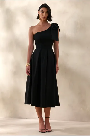 Meria | Black Asymmetric-Neck Midi Dress With Bow-Sleeve