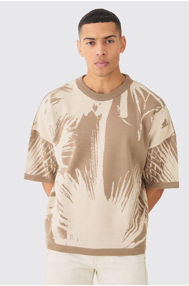 Oversized Tonal Abstract Drawing Knitted T-shirt - taupe