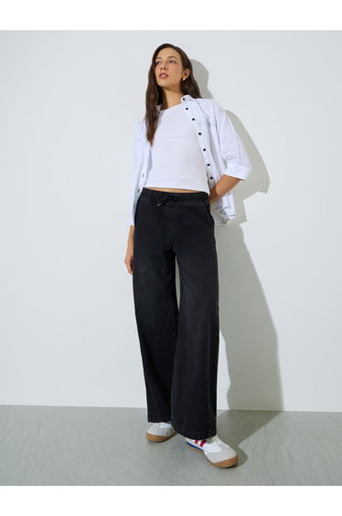 Black Jogger Style Wide Leg Jeans with Drawcord