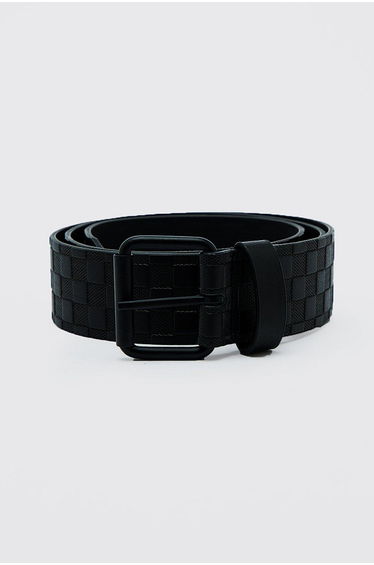 Faux Leather Embossed Checkerboard Belt - black