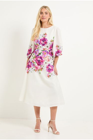 Petite Floral Balloon Sleeve Midi Dress